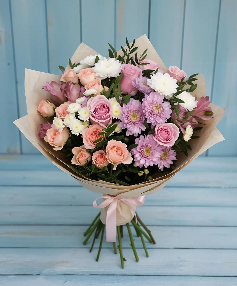Букет цветов из: Хризантемы, Розы и Альстромерии в Нарзанном