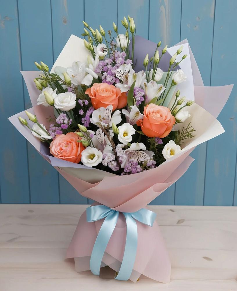 Букет цветов из: Лизиантусы, Розы, Альстромерии и Гипсофила в Нарзанном
