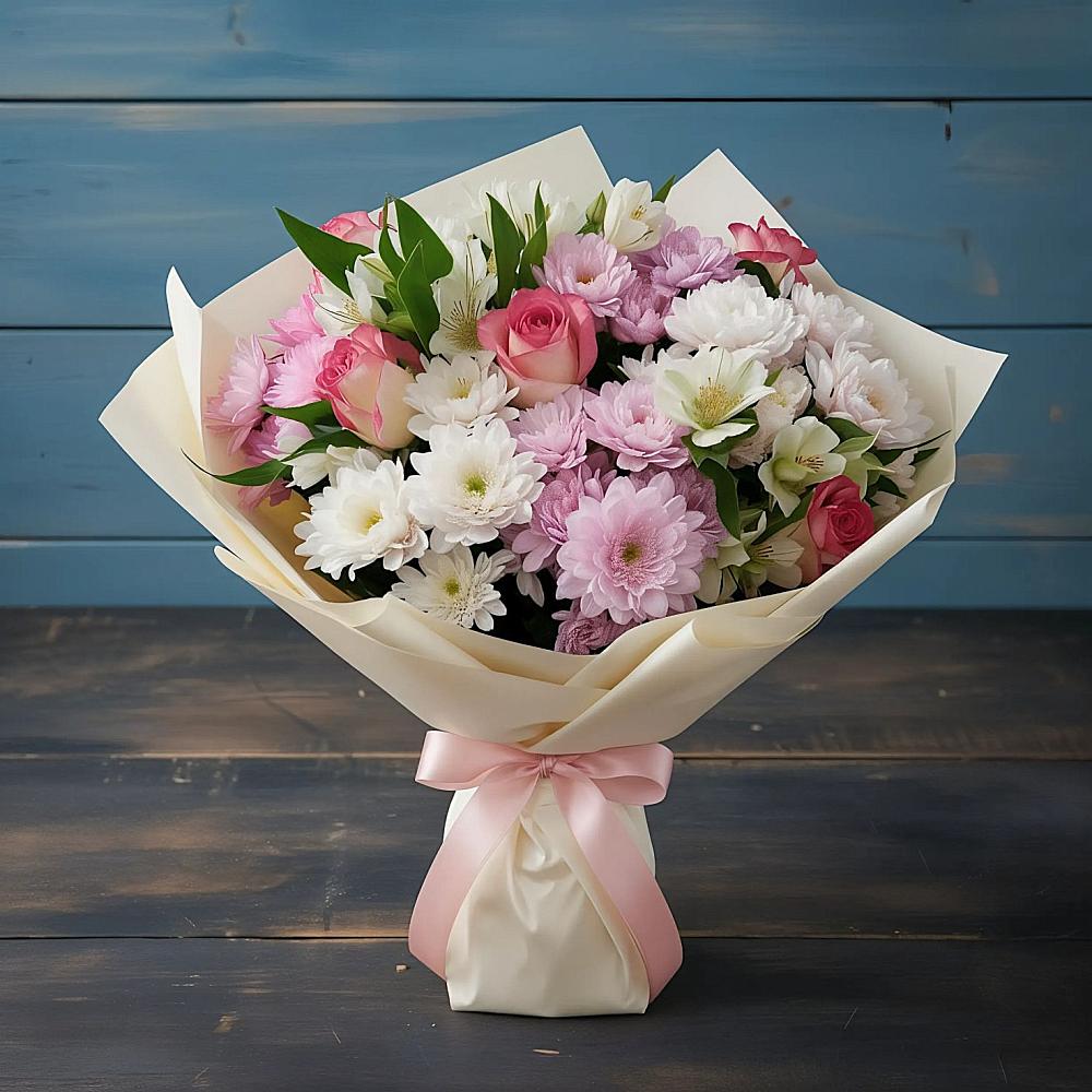 Букет цветов из: Хризантемы, Альстромерии и Розы в Нарзанном